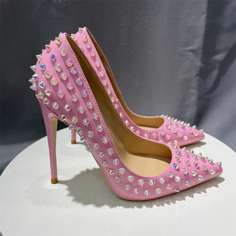 Pink Patent Pointy Toe High Heels Shoes With Crystal Spikes For Women