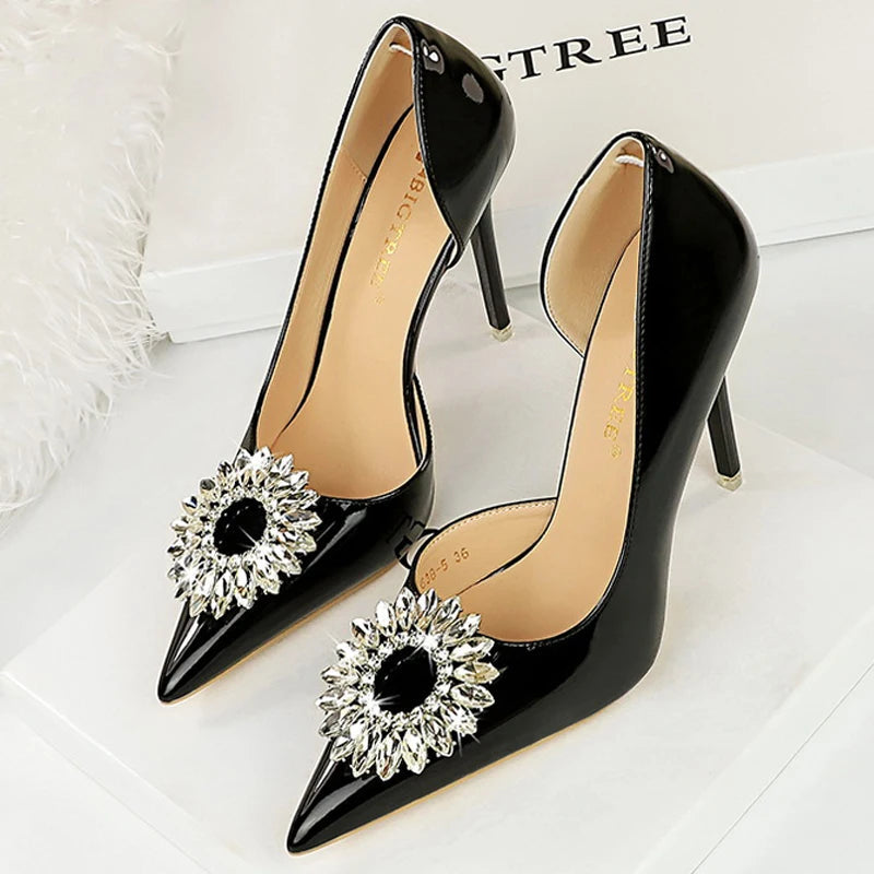 Patent Leather High Heel Pumps With Rhinestone Buckle