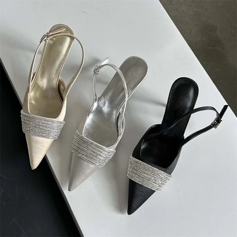 Crystal Rhinestone Silk Women Pumps With Slingbacks And Buckle Strap Prom Thin Heels