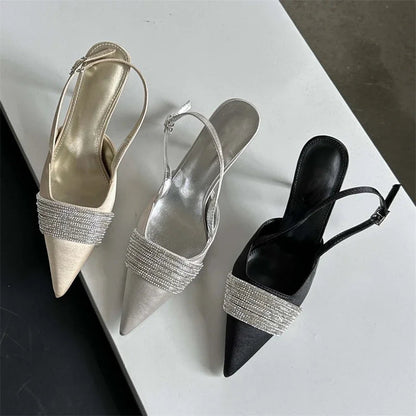 Crystal Rhinestone Silk Women Pumps With Slingbacks And Buckle Strap Prom Thin Heels