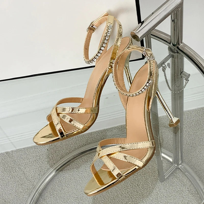 Crystal Ankle Strap Gold Gladiator Sandals With Open Toe And High Heels For Ladies