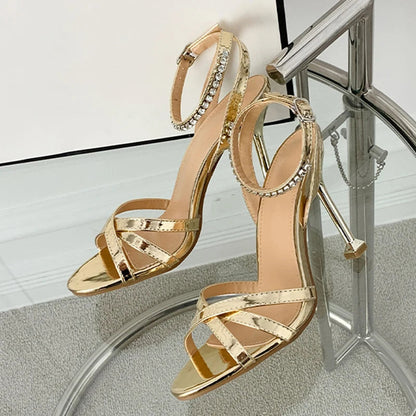 Crystal Ankle Strap Gold Gladiator Sandals With Open Toe And High Heels For Ladies