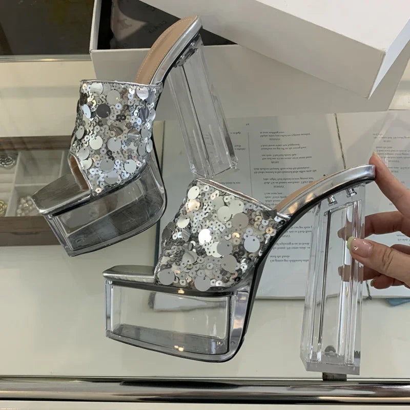 Sequin Women Slippers Summer Platform Square Toe Slide Shoes