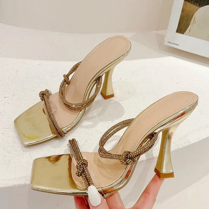 Rhinestone Strap Square Toe High Heel Mules In Golden Sandals