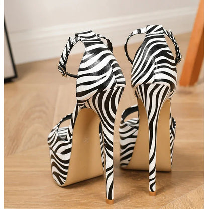 Zebra Stripe Open Toe Platform Sandals With Ultra High Heels