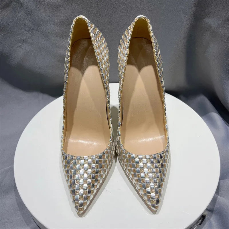 Shiny Plaid Chic Stilettos High Heels Bling Party Dress Shoes For Women