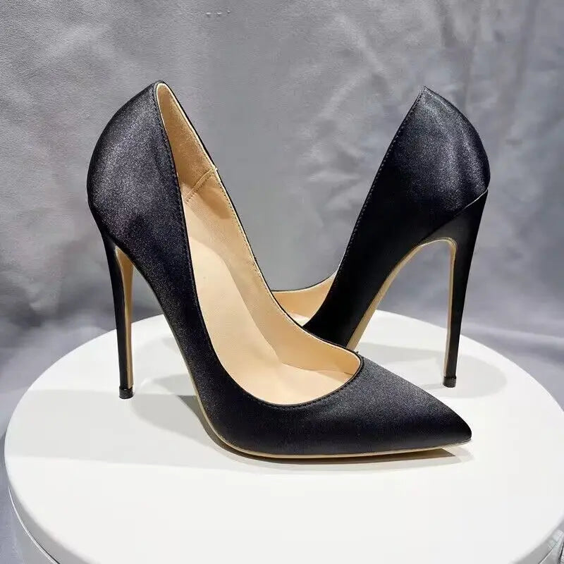 Black Silk Satin Pointy Toe High Heel Stiletto Pumps For Elegant Ladies