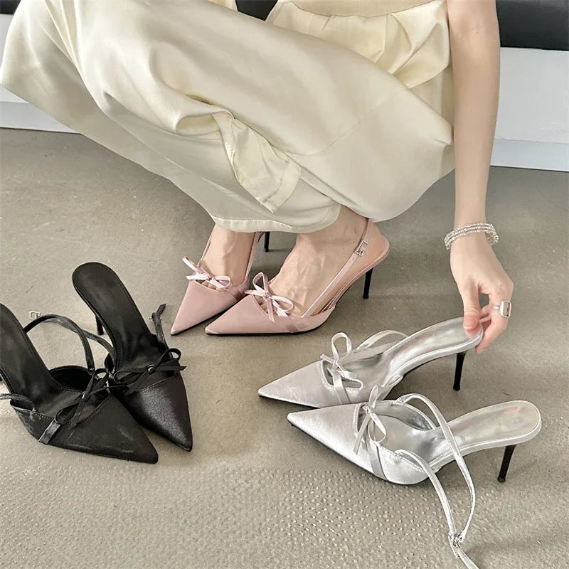 Silk Pointed Toe Women Pumps With Stripper Belt Buckle For Sexy Party Thin Heels