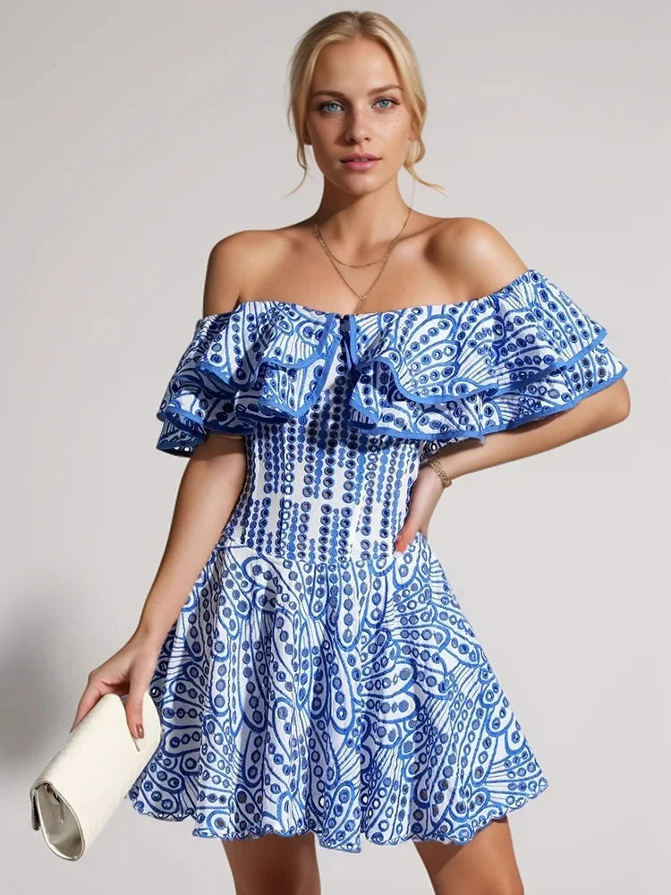 Azure Embroidered Off Shoulder Ruffled Dress Blue / S