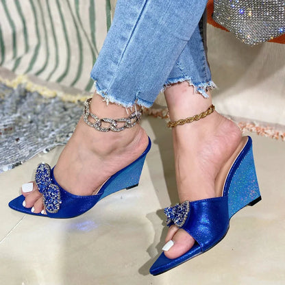 Crystal Butterfly Knot Wedges Heels Slippers Sandals For Women