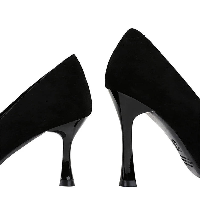 Black Suede Women Pumps With Pointed Toe And High Heels Wine Glasses Design