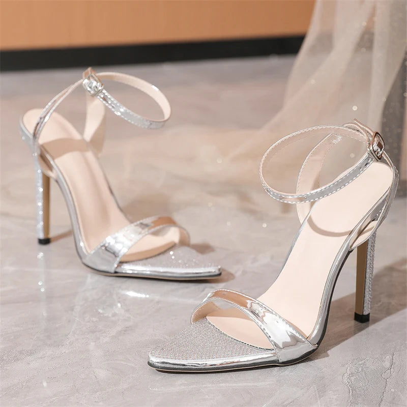 Elegant Silver Crystal Pointed Toe Rhinestone High Heels With Ankle Strap For Women