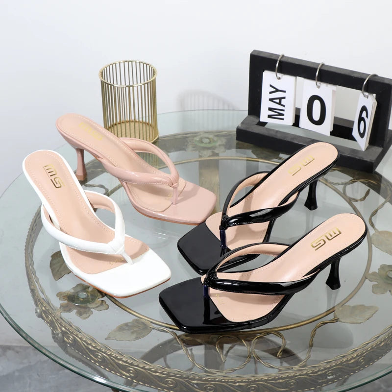Patent Leather High-Heeled Flip Flops For Women In Summer