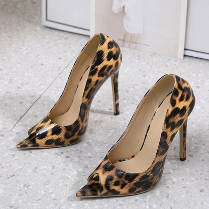 Leopard Print Pointed Peep Toe Stripper Heels For Women