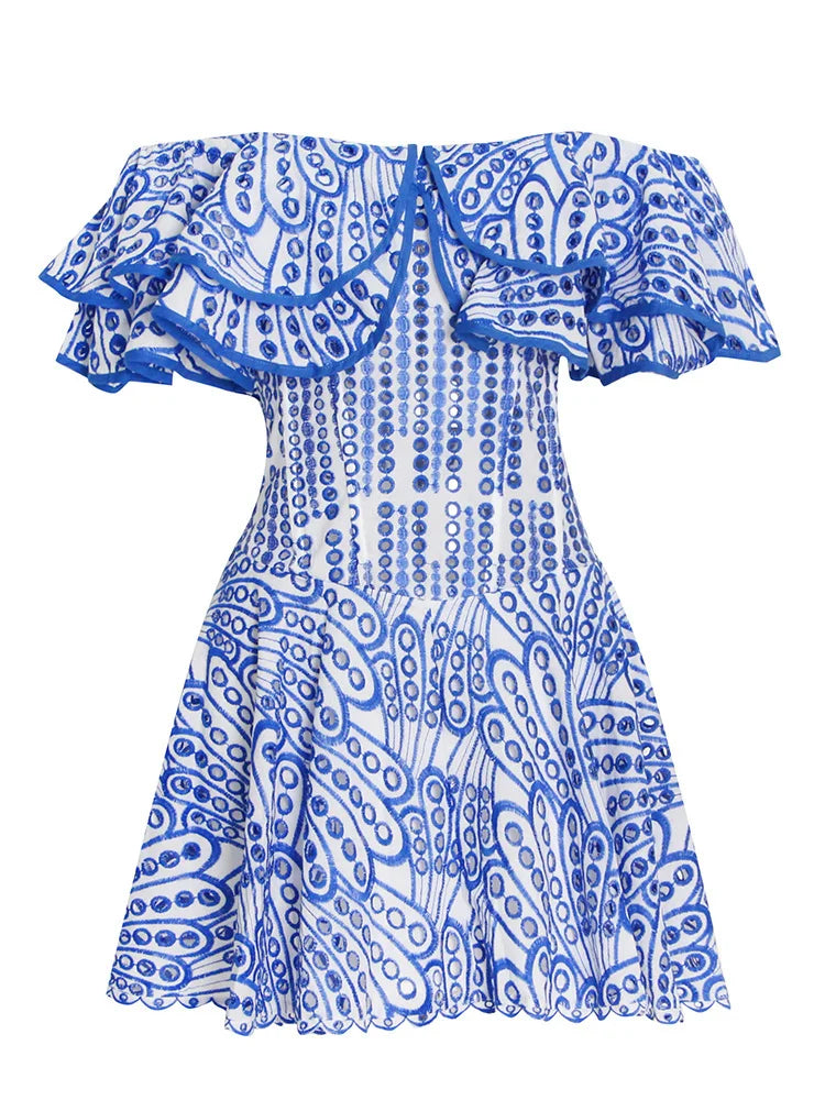 Azure Embroidered Off Shoulder Ruffled Dress