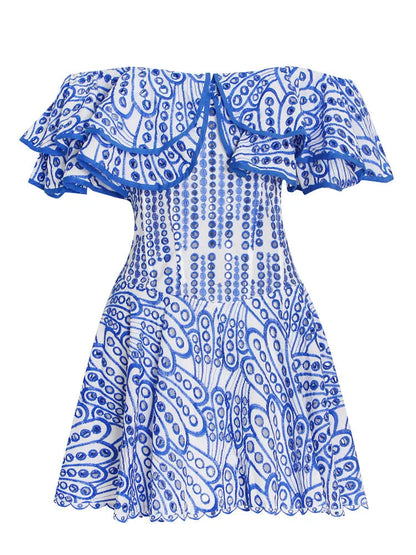 Azure Embroidered Off Shoulder Ruffled Dress
