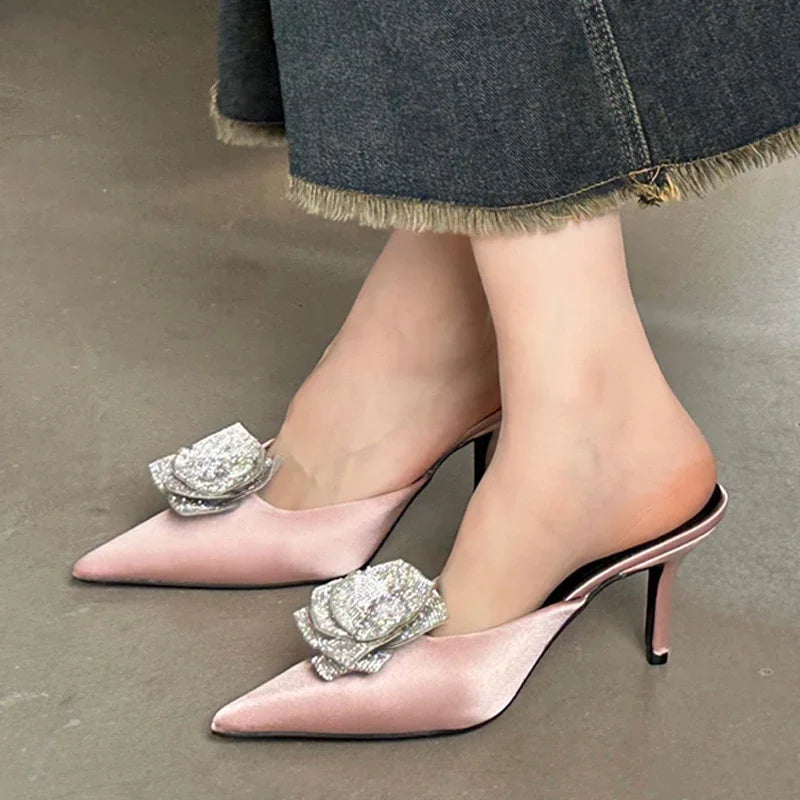 Crystal Flower Silk Pointed Toe Slippers For Women