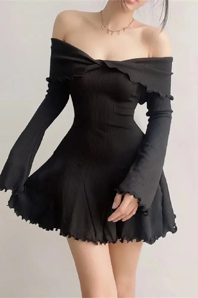 Ruffled Patchwork Off-Shoulder Mini Dress
