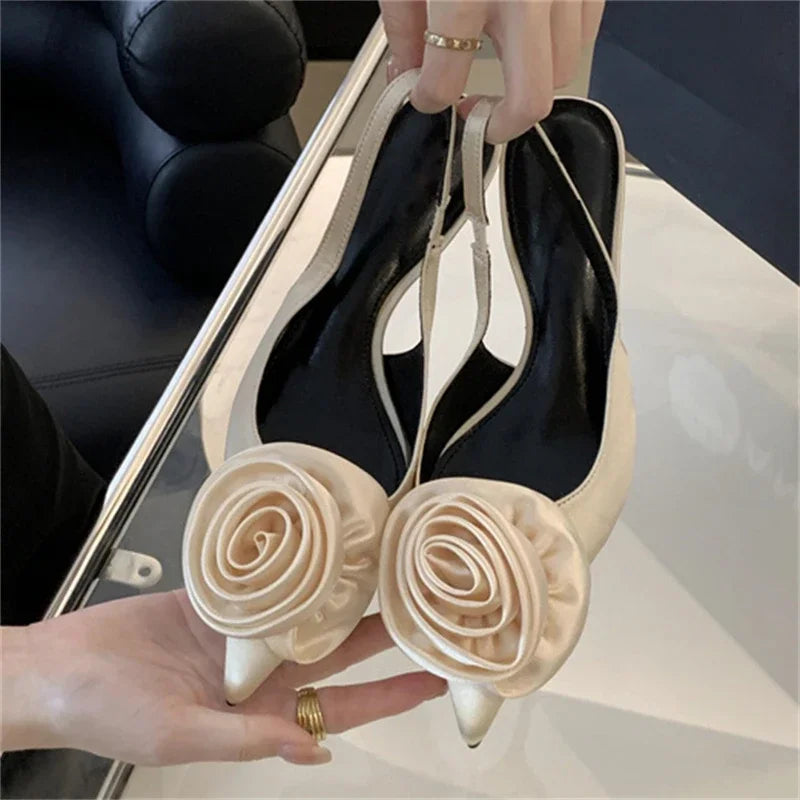 Satin Slingback Women Pumps with Sexy Flower Design, Pointed Toe and Thin High Heels