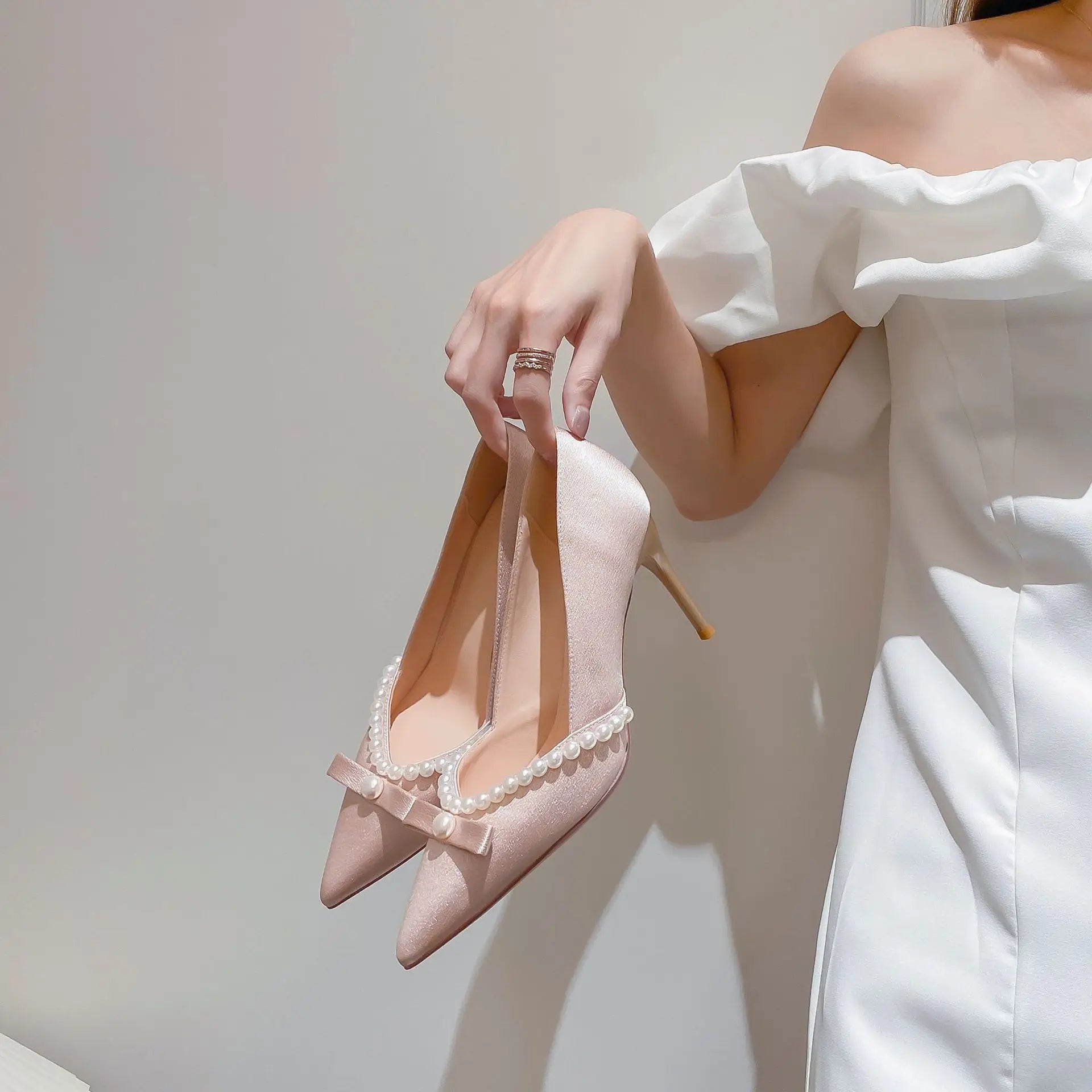 Summer Beaded Shallow Solid Pointed Toe Satin Women’s High Heels