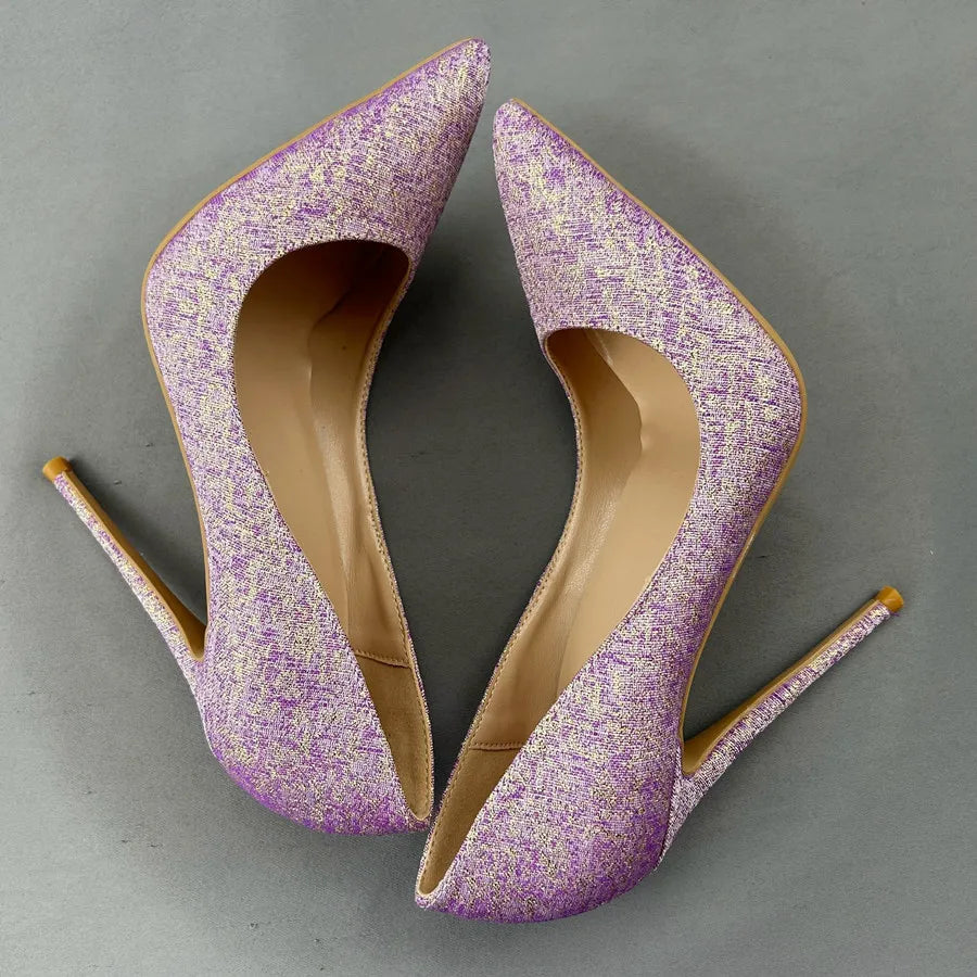 Purple Glitter Pointy Toe High Heel Shoes For Women