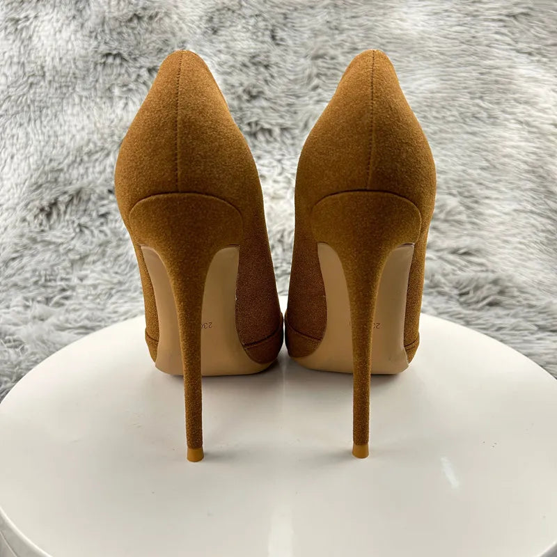 Brown Flock Pointy Toe High Heel Shoes For Sexy Women With Curl Cut
