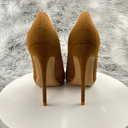 Brown Flock Pointy Toe High Heel Shoes For Sexy Women With Curl Cut