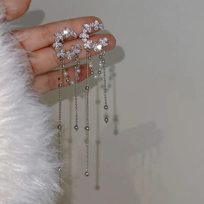 Lizakosht Korea Fashion Pearl And Zirconia Moon Tassel Clip Earrings For Women Luxury Ear Cuff