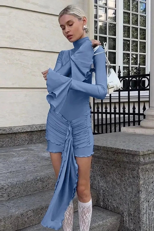Elegant Pleated Long Sleeve Patchwork Mini Dress -
