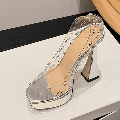 Silver Crystal Rhinestone Platform Pumps With Transparent High Heels