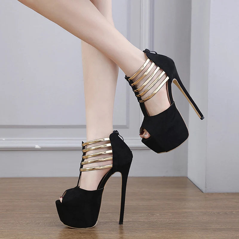 Metal Strap Zip Women Platform Pumps With Hollow Out Design