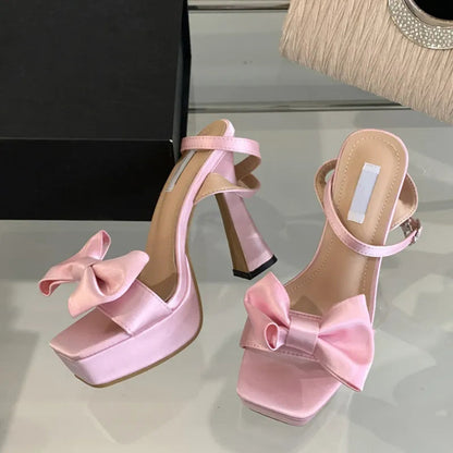 Pink Silk Bowknot Square Open Toe Super High Heels Sexy Sandals