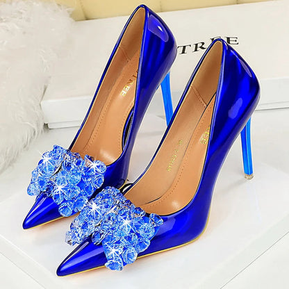 Crystal Bow High Heels Patent Leather Women Pumps Luxury Ladies Shoes