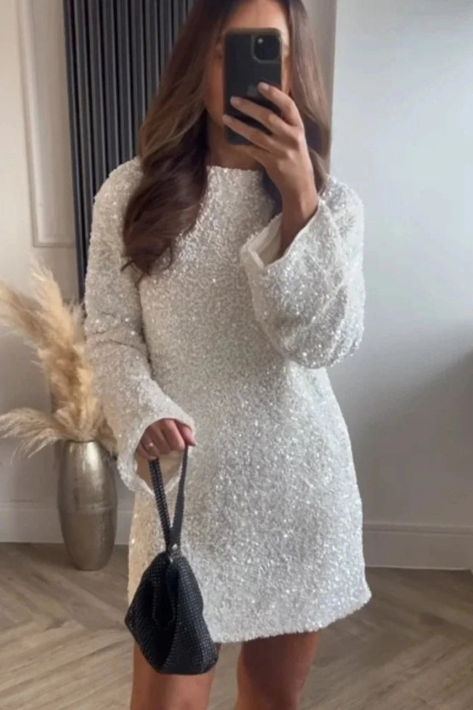 Elegant Long Sleeve Mini Dress With High Waist