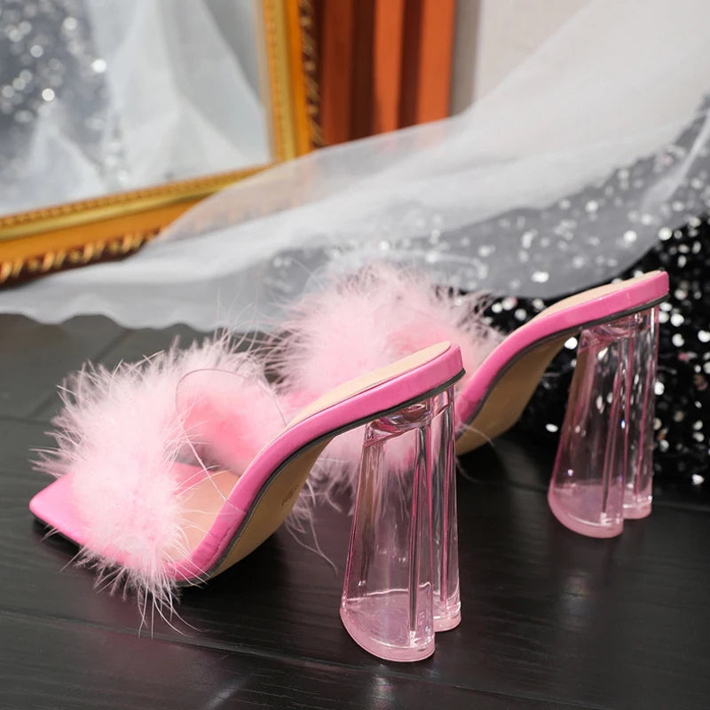 Pink Pvc Transparent Fluffy Furry Slippers Sandals For Women