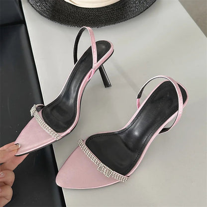Crystal Buckle Pointed Toe Women Sandals with Ankle Strap and Thin High Heels