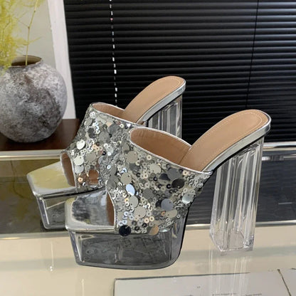 Sequin Women Slippers Summer Platform Square Toe Slide Shoes