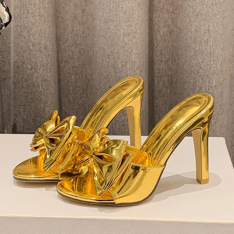 Gold Silver Pointed Toe Women Slippers with Butterfly-knot Thin High Heels