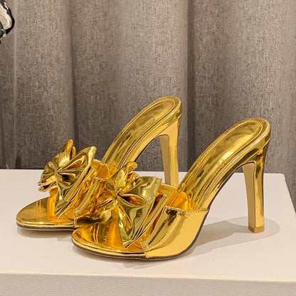 Gold Silver Pointed Toe Women Slippers with Butterfly-knot Thin High Heels