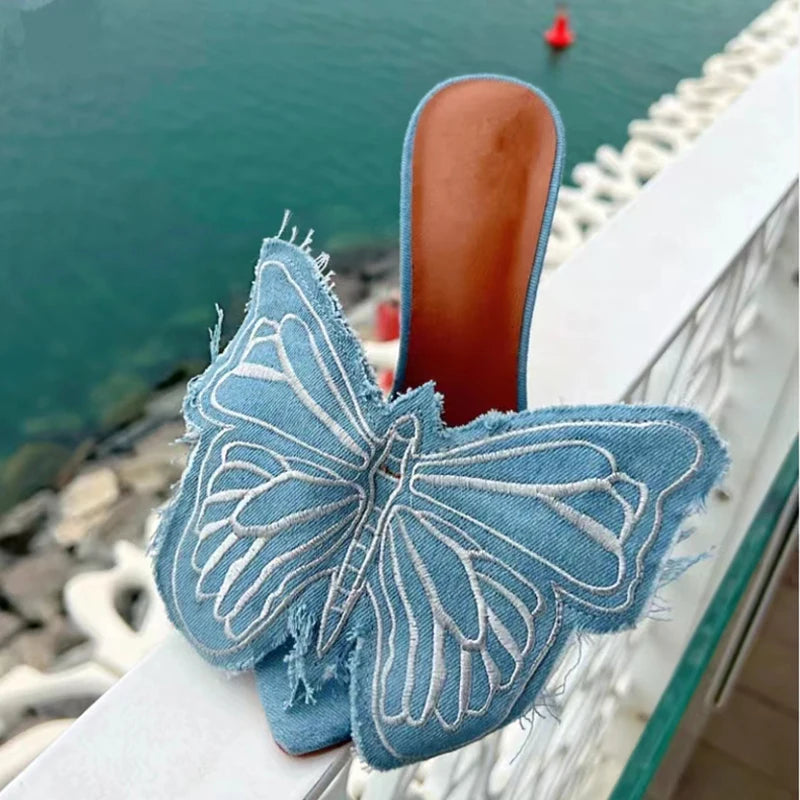 Denim Butterfly Flower Thin Heels Slipper For Women