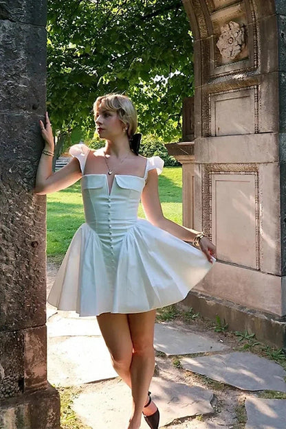 V-Neck High Waist Pleated Backless Mini Dress