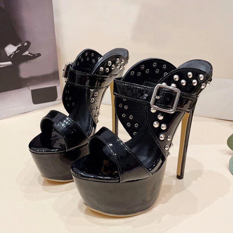 Metal Rivet Super High Heel Platform Slippers For Women Fashion