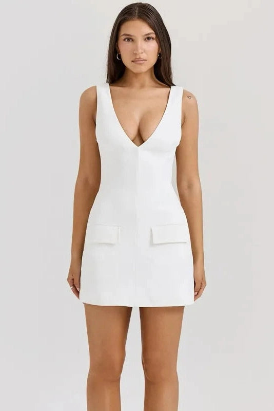 Deep V Neck Backless High Waist Sleeveless Mini Dress