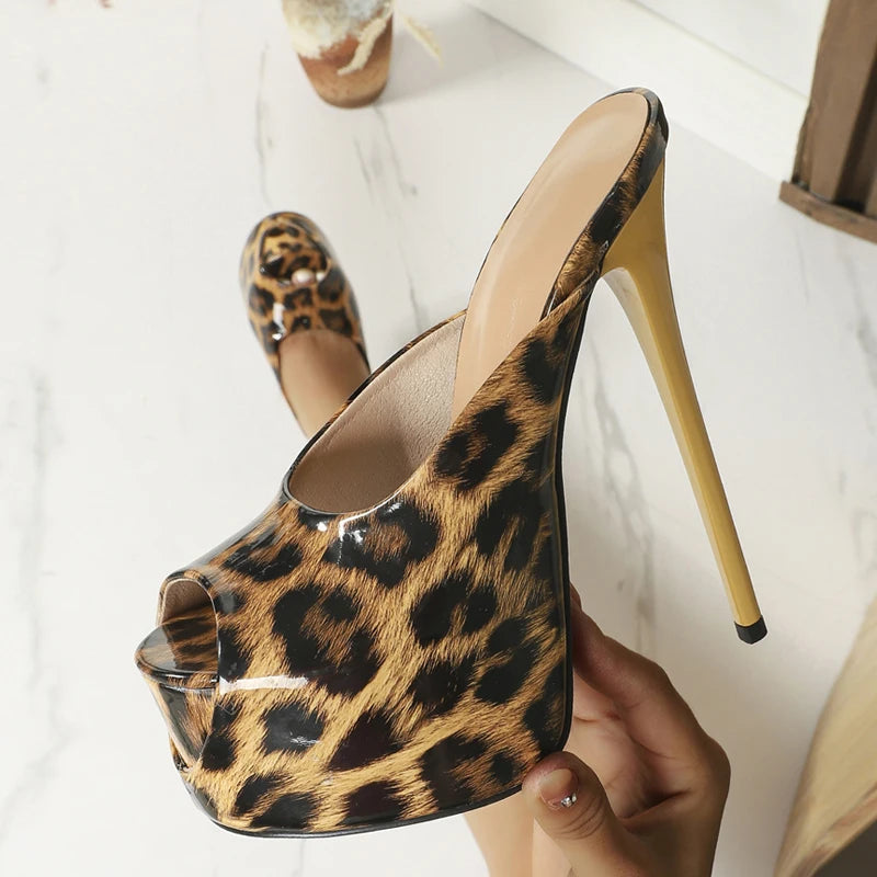 Leopard Print Peep Toe Platform Heels For Nightclub Stripper Party Night