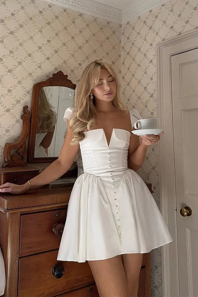 V-Neck High Waist Pleated Backless Mini Dress