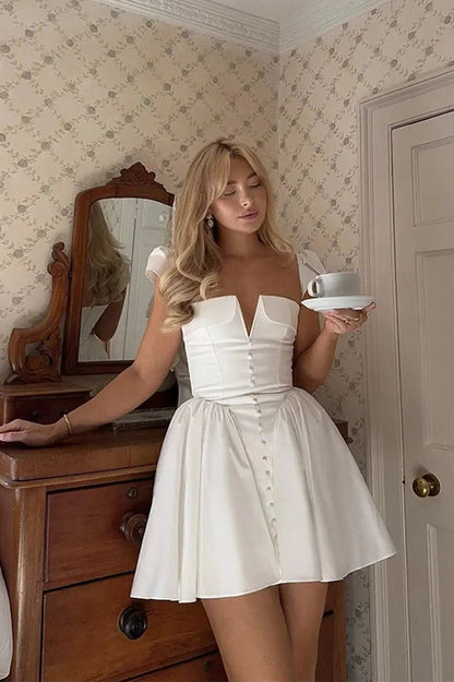V-Neck High Waist Pleated Backless Mini Dress