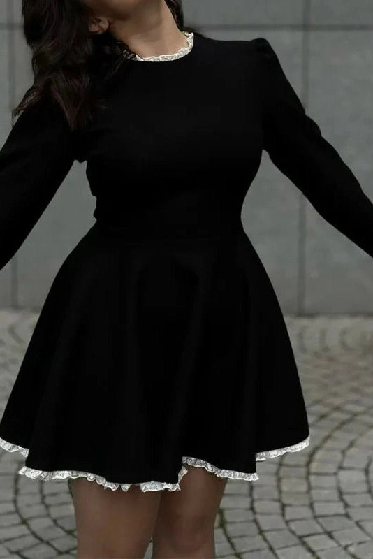 Slim Patchwork High Waist Lace Long Sleeve Mini Dress