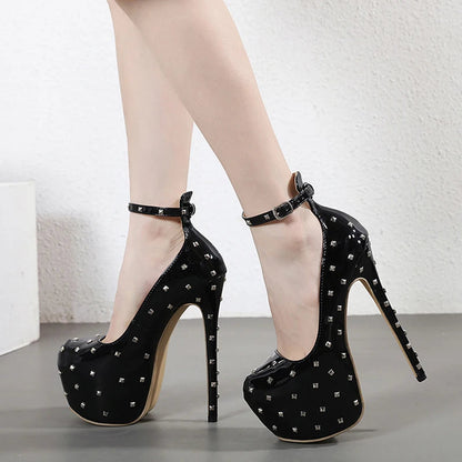 Metal Rivet Round Toe Platform High Heels Pole Dance Shoes