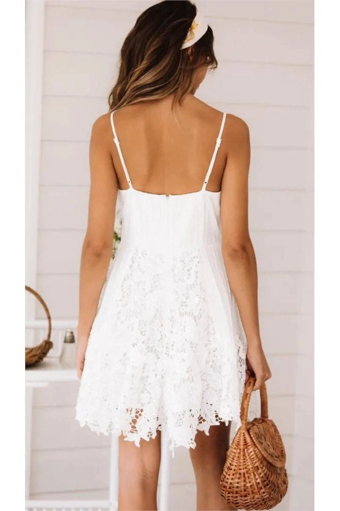 Deep V-Neck Backless Mini Dress With Spaghetti Straps And Hollow Out Detail