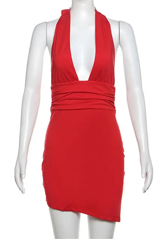 V-Neck Backless Bandage Mini Dress -